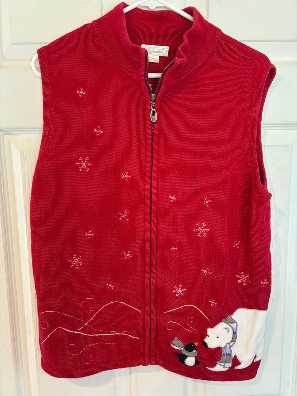 Christopher & Banks Size Large Red Zip Front Polar Bear & Penguin Holiday Vest